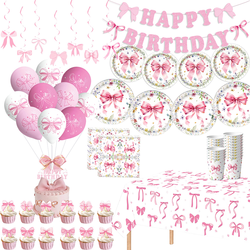 Confetti Balloon Set - Pink Bow Girls Birthday Decoration Plates